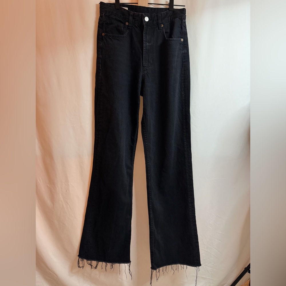 ZARA Raw Hem Flare Jeans Black Wide Leg Womens 4 EU 38 High Rise Boho Trend